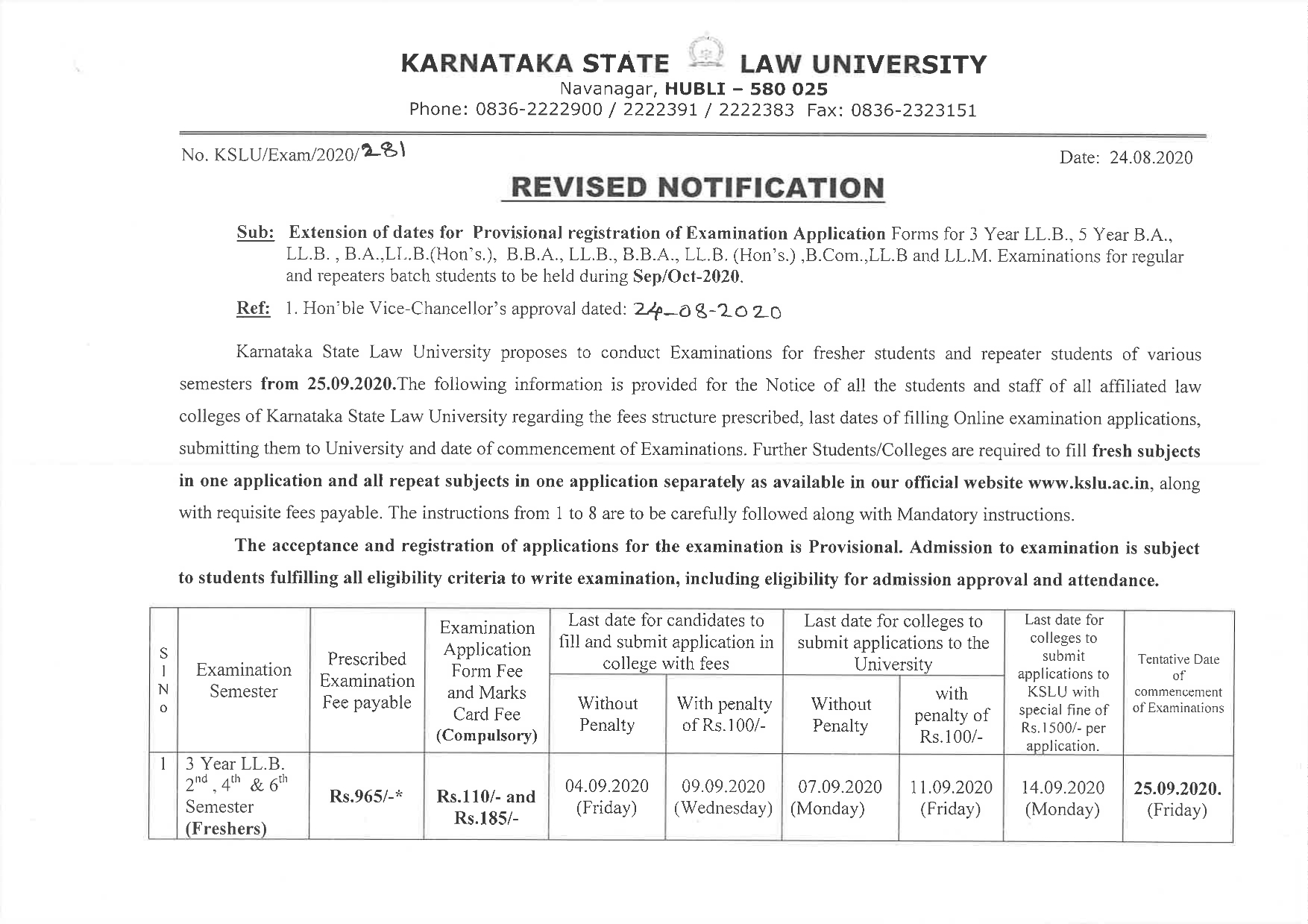 Revised Examination Notification 2020 KLE Society's Law College